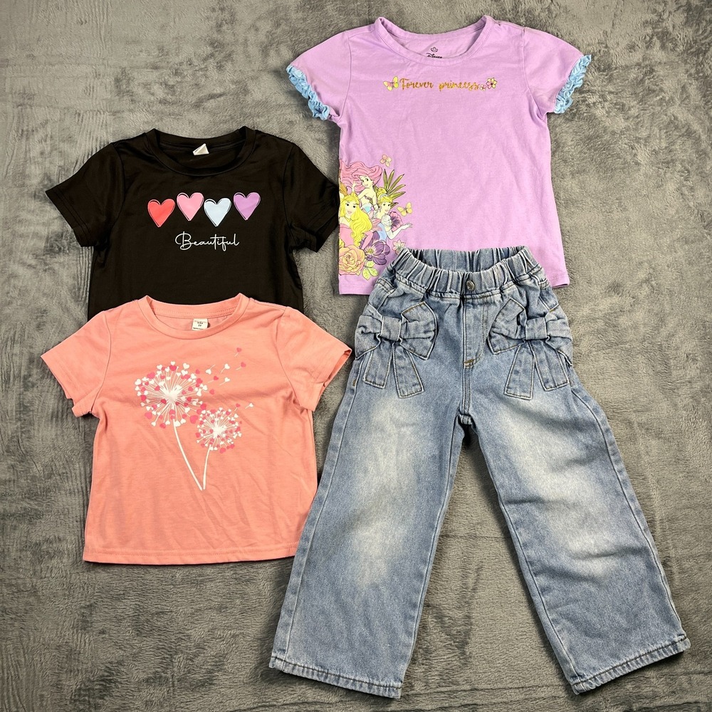 Shein T Shirt Jeans Outfit 4 Pc Set Girls 5Y Multi Bow Disney Princesses Graphic